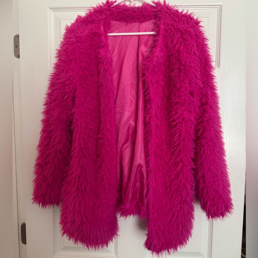 Hot Pink Faux Fur Teddy Coat - Women's Plush Open Front Jacket